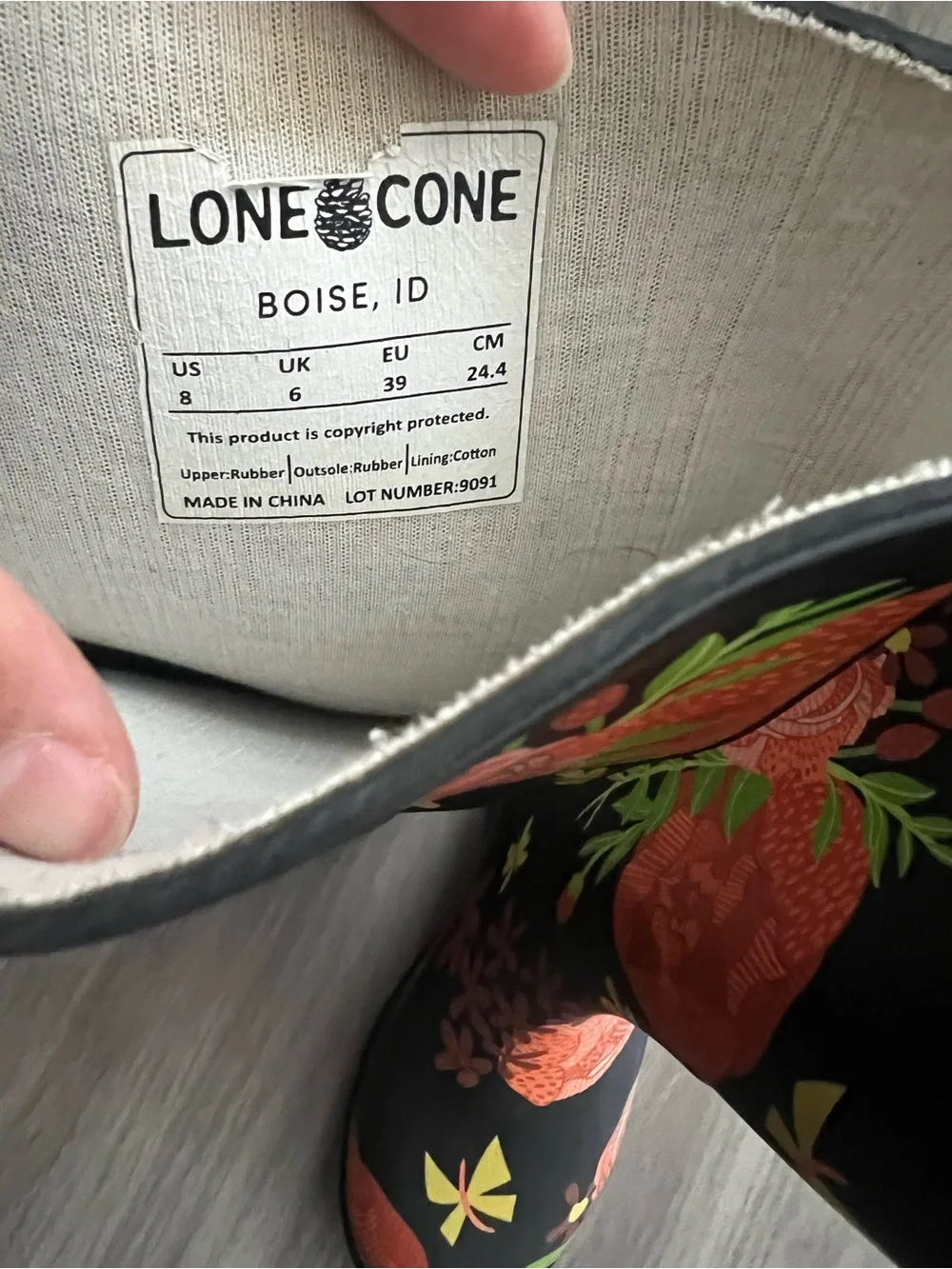 Lone Cone Floral Rain Boots Womens Size 8 Black Rubber Garden Boots Waterproof